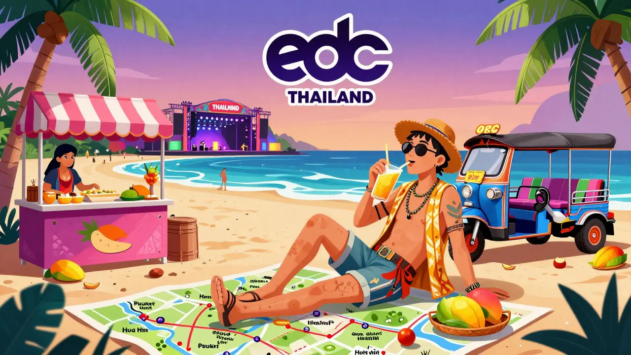 Турист отдыхает на пляже в Пхукете, на фоне — фестивальная сцена, рядом — тук-тук и стакан манго, символизирующий сочетание музыки и отдыха.