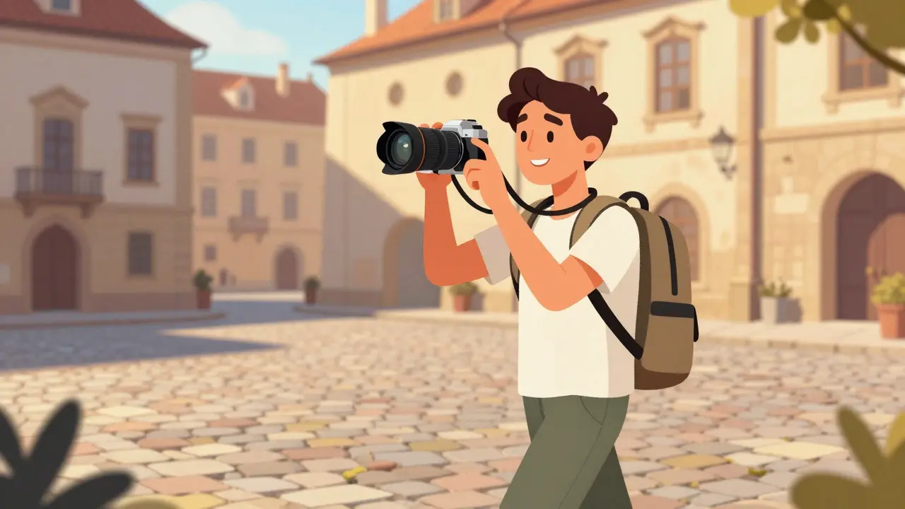 Турист с компактной камерой фотографирует городскую архитектуру на ходу