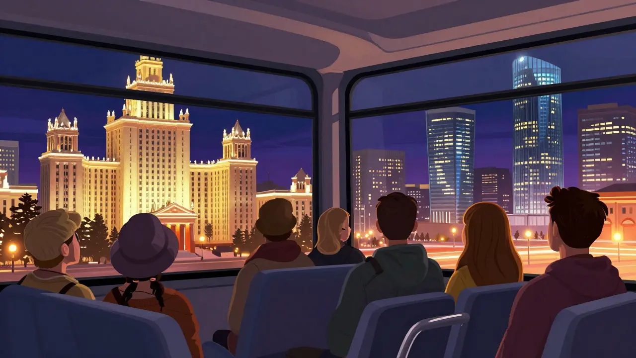 Туристы в автобусе смотрят на ночной город с подсветкой.