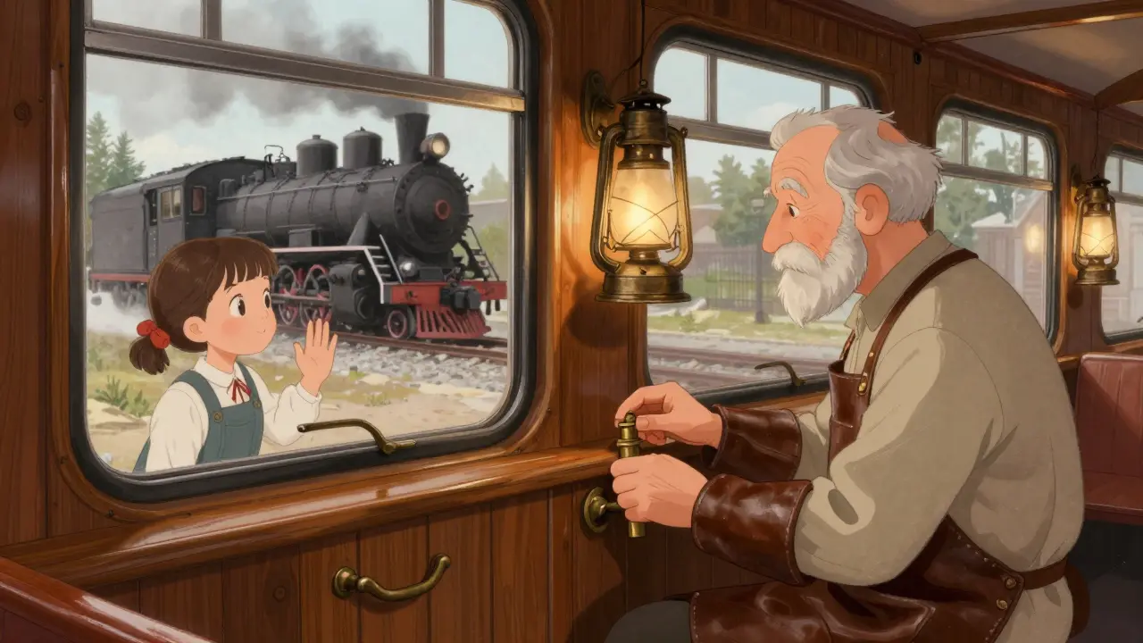 Внутри люксового вагона 'Золотой Орёл' в Екатеринбурге: реставратор чистит деталь, девочка смотрит в окно на проходящий паровоз.