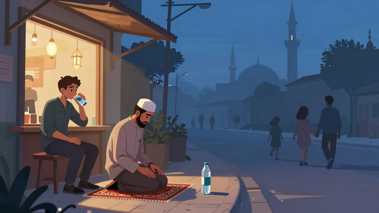 Во время Рамадана турист пьёт воду в кафе, на улице — молящийся человек и пустой тротуар.