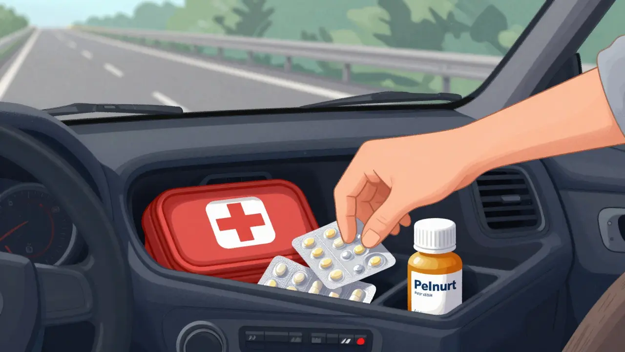 Водитель кладёт личные таблетки в бардачок автомобиля перед поездкой