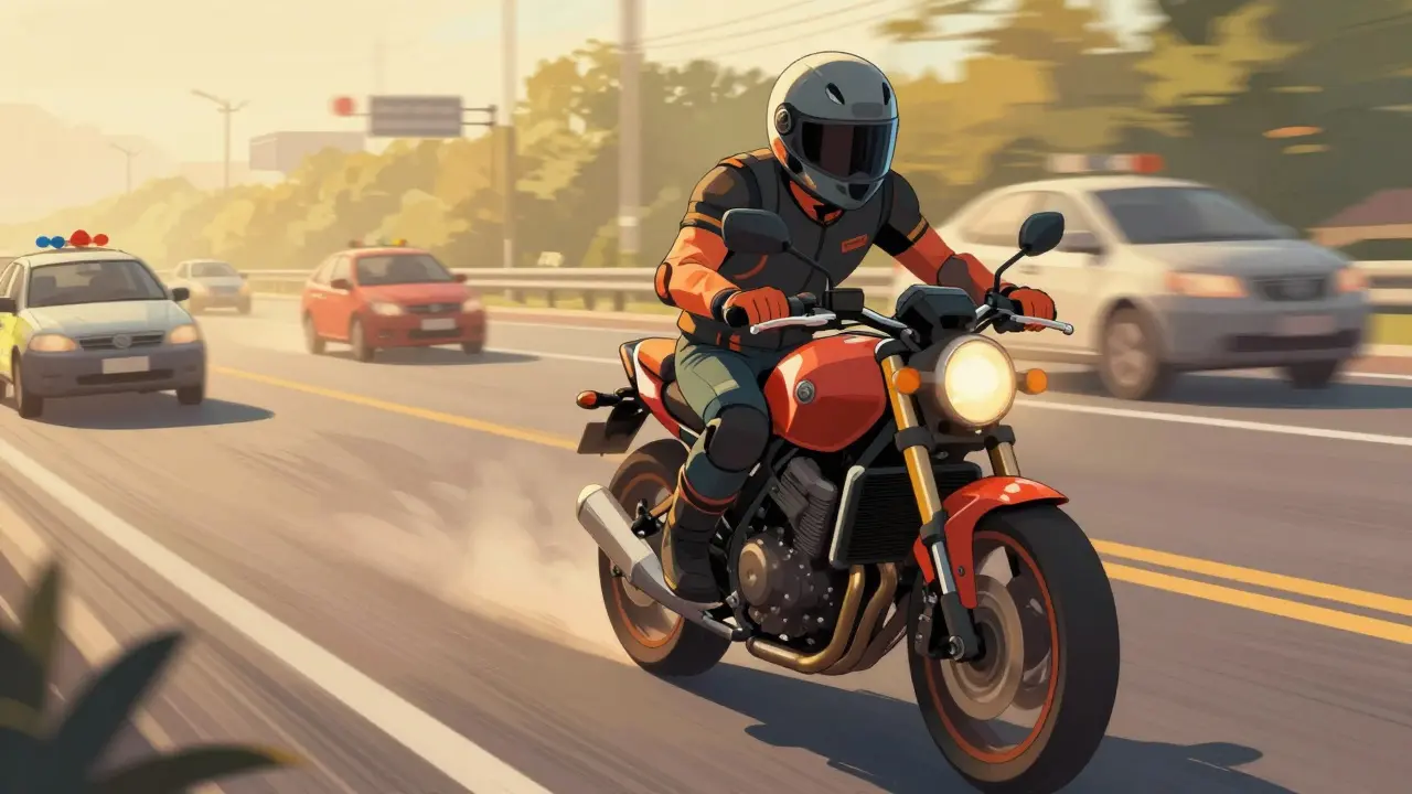 Водитель на мотоцикле в шлеме среди городского трафика с фокусом на безопасность