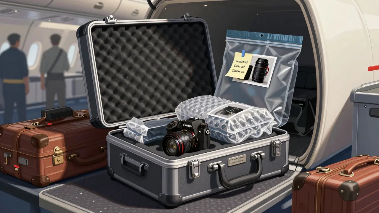 Жесткий кейс с фотооборудованием, упакованным в пенопласт и гермомешок, загружается в багажное отделение самолета.