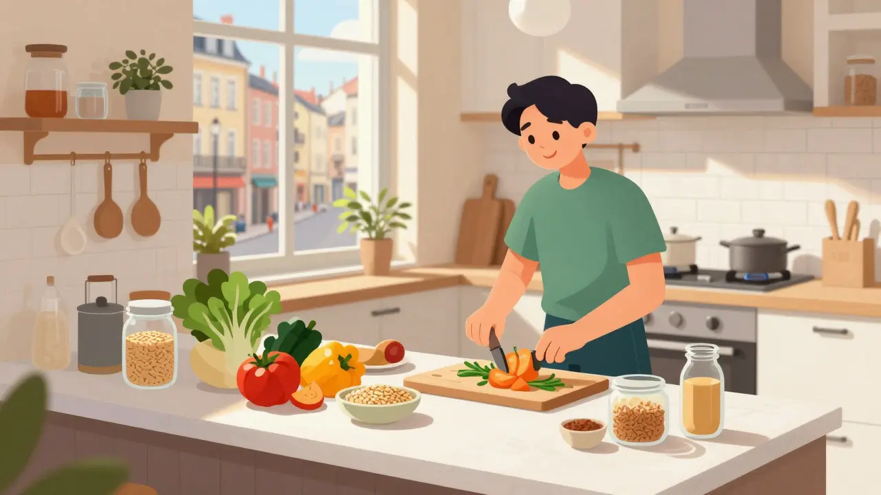 Человек готовит безопасную еду на кухне в арендованных апартаментах