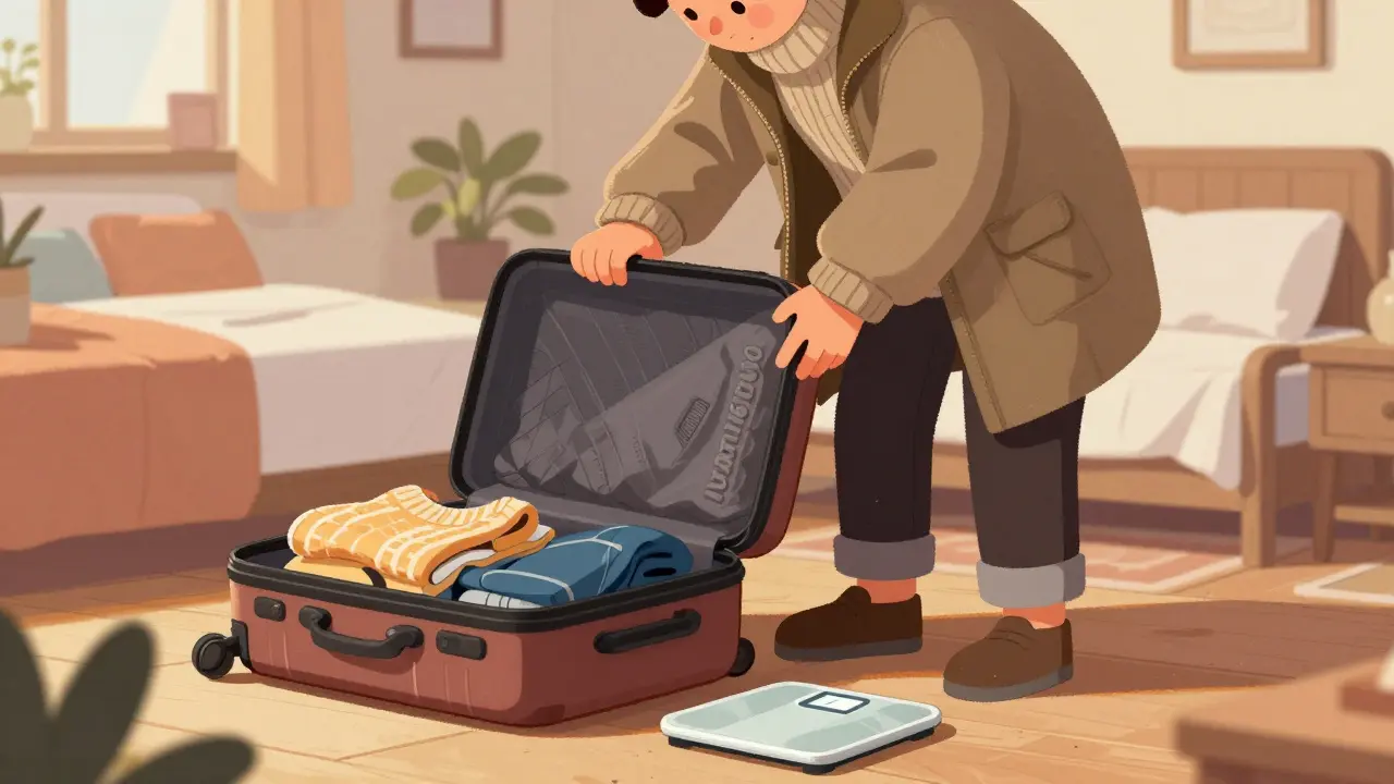 Человек в нескольких слоях теплой одежды пытается закрыть чемодан дома