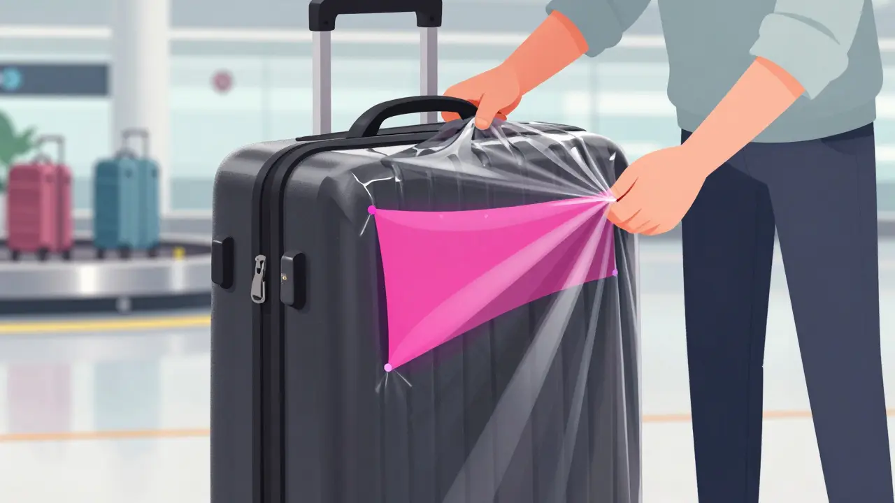 Чемодан, обмотанный пищевой пленкой с яркой меткой для защиты при перевозке