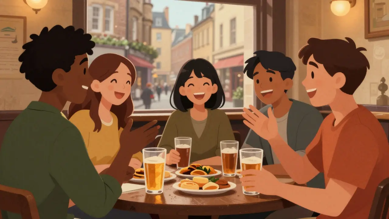 Группа иностранных студентов разных национальностей общается в уютном европейском пабе