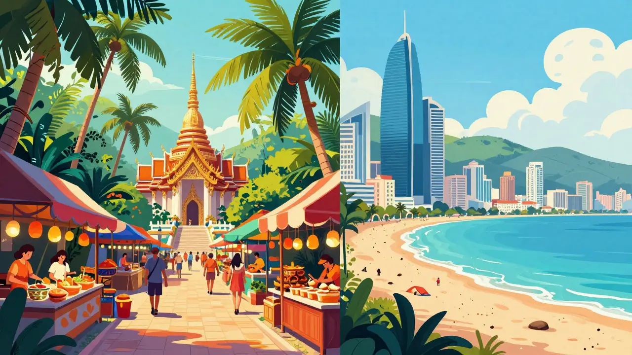 Коллаж с тропиками Таиланда и современными пляжами Сочи и Дагестана