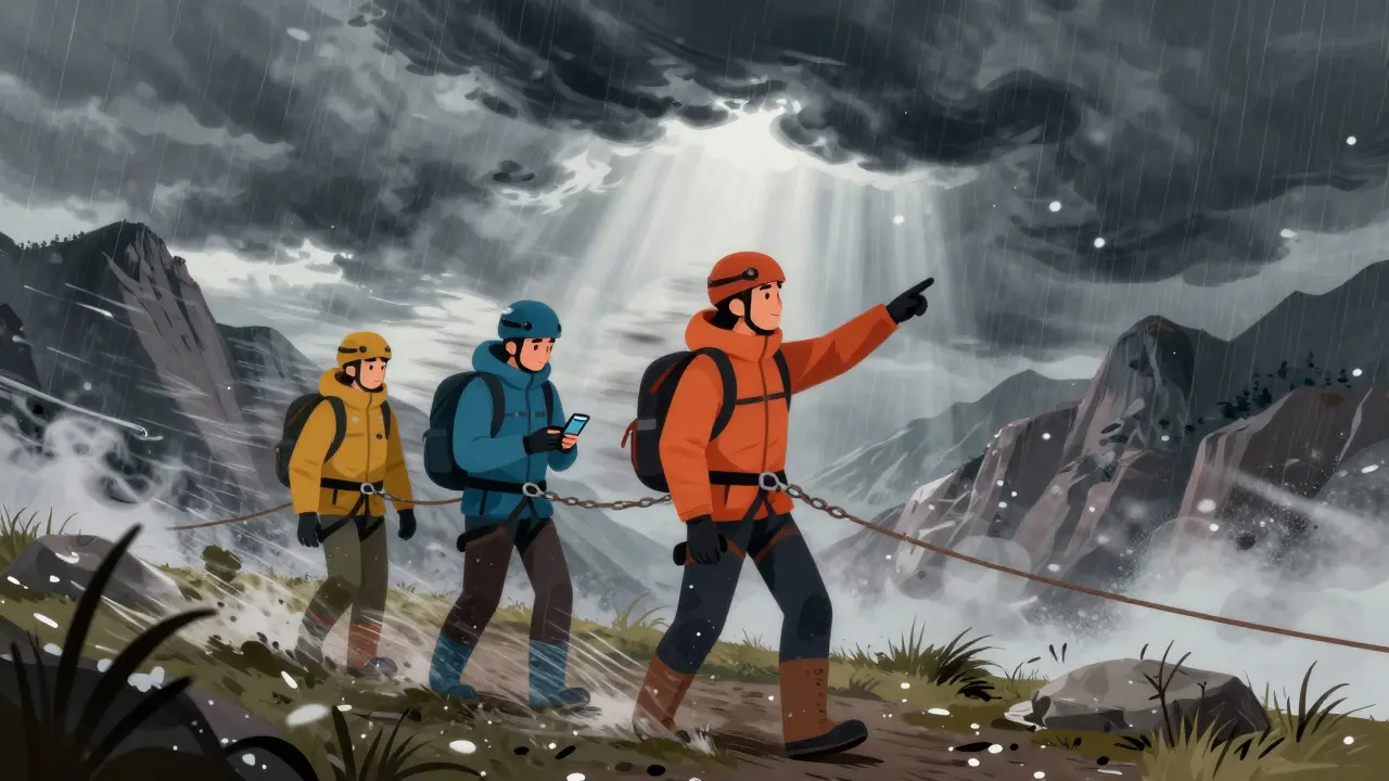 Команда альпинистов в связке оценивает погодные условия в горах