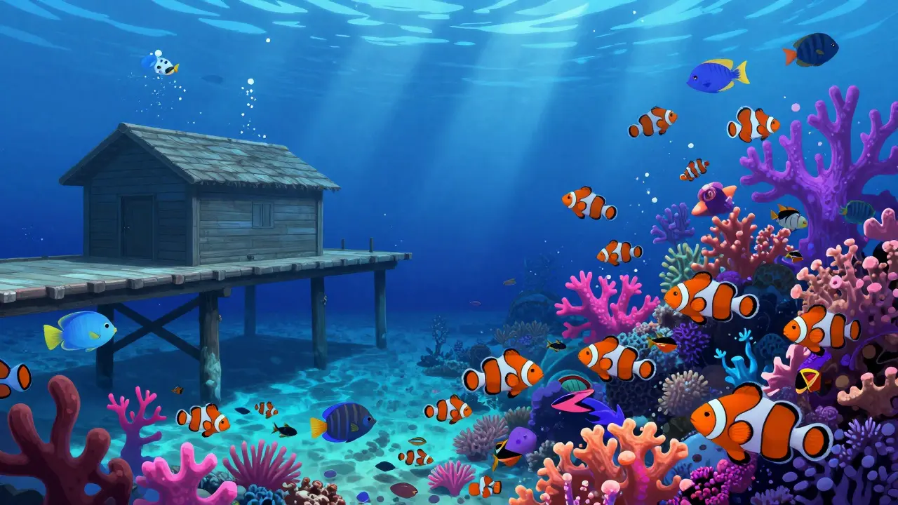 Коралловые рифы и разноцветные рыбы в море Шарм-эль-Шейха с видом на понтон