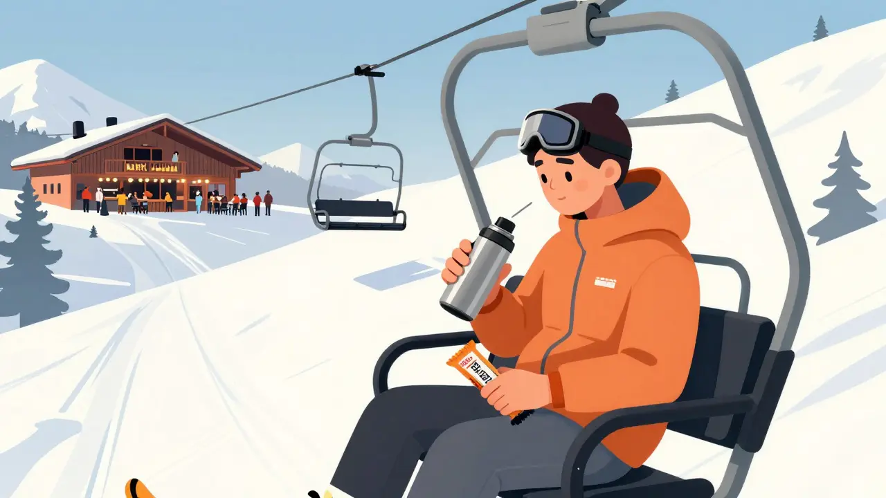 Лыжник с термосом в кресле подъемника над пустыми склонами