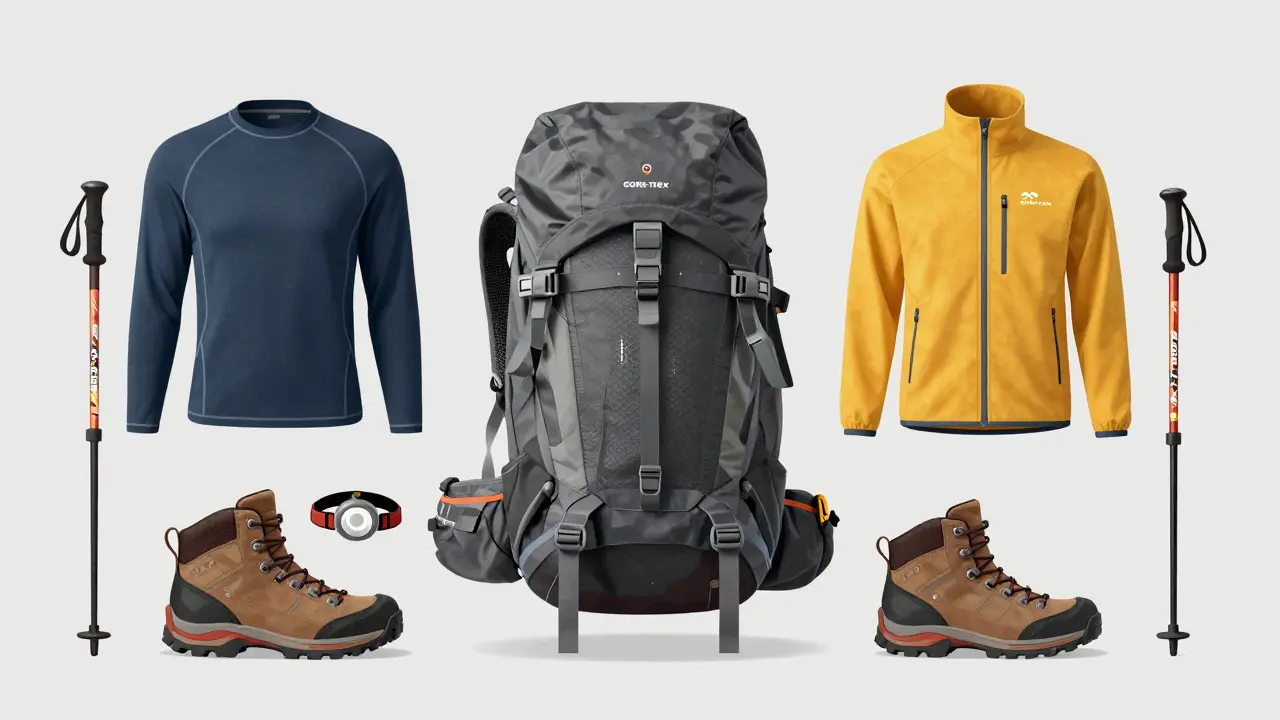 Набор снаряжения для треккинга: рюкзак, одежда слоями и ботинки