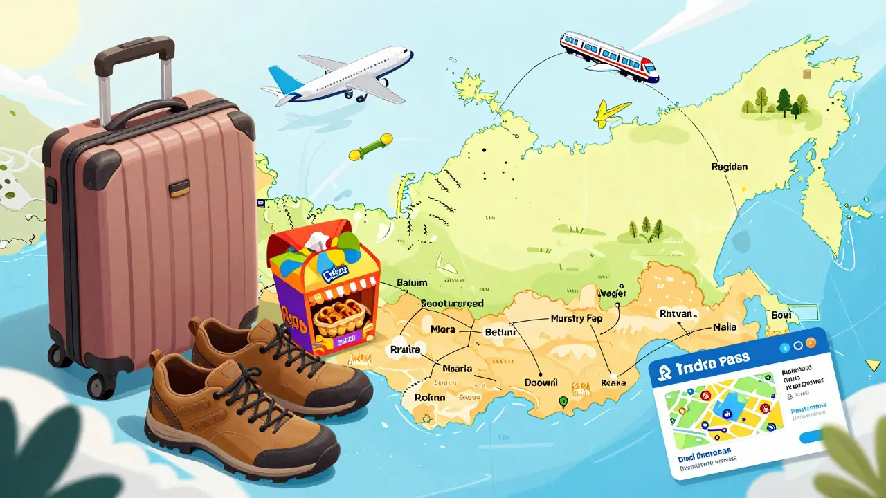 Набор вещей бюджетного туриста на карте России с атрибутами поездки