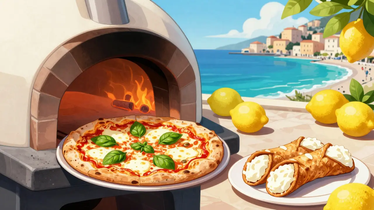 Неаполитанская пицца из дровяной печи и сицилийские канноли на фоне моря