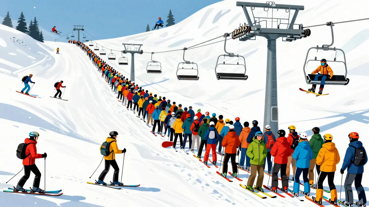 Огромная очередь из людей на горнолыжном подъемнике в полдень