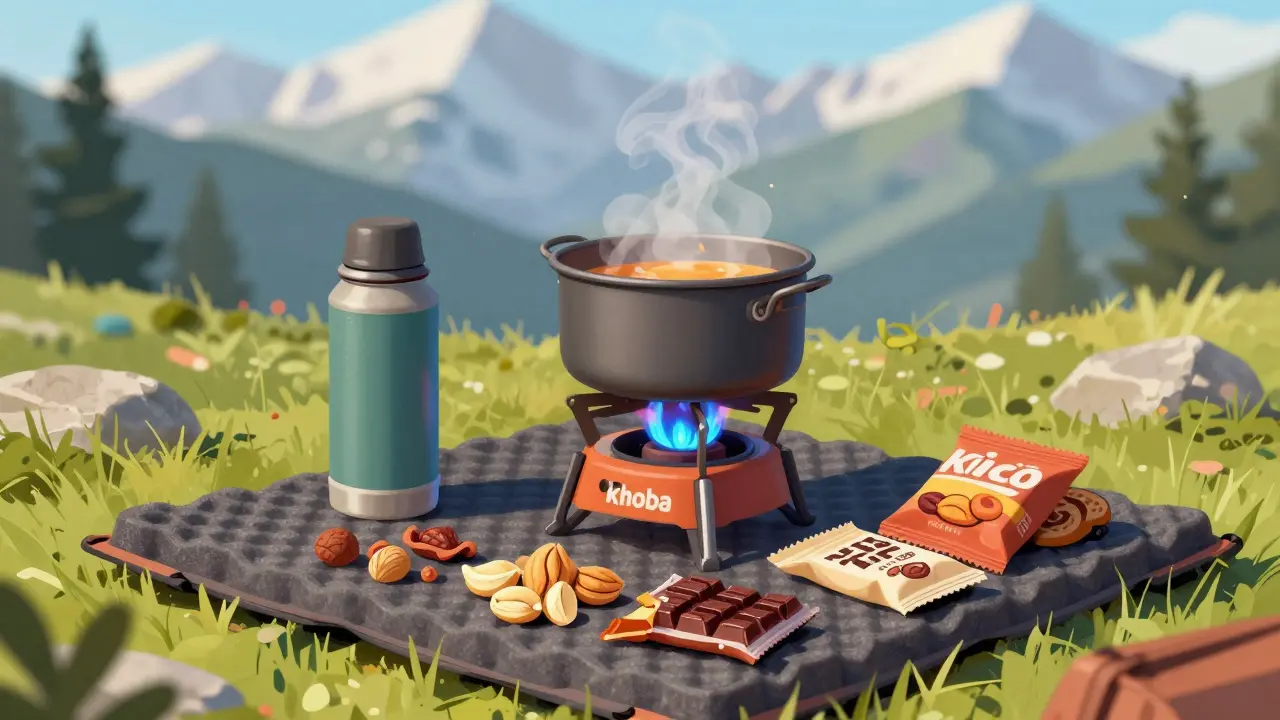 Походный перекус с горелкой и термосом на фоне гор