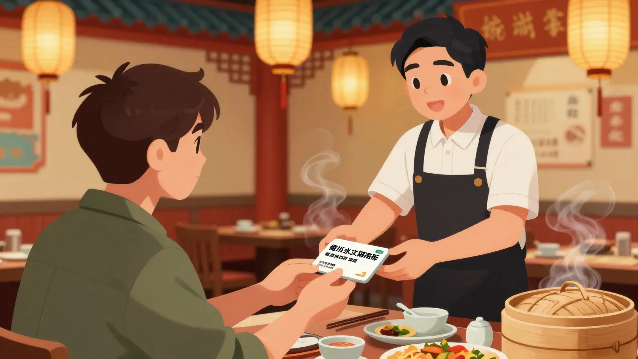 Путешественник показывает карточку аллергика официанту в ресторане