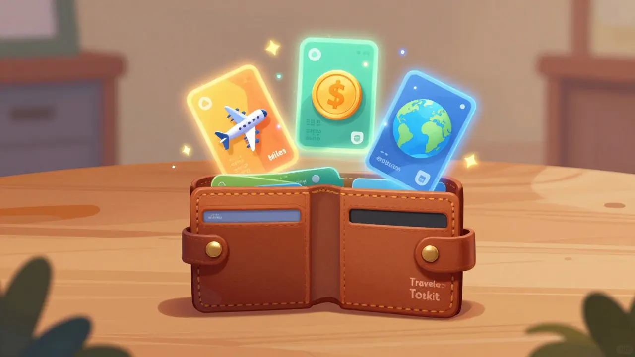 Различные банковские карты для путешествий с иконками миль и кэшбэка, вылетающие из кошелька