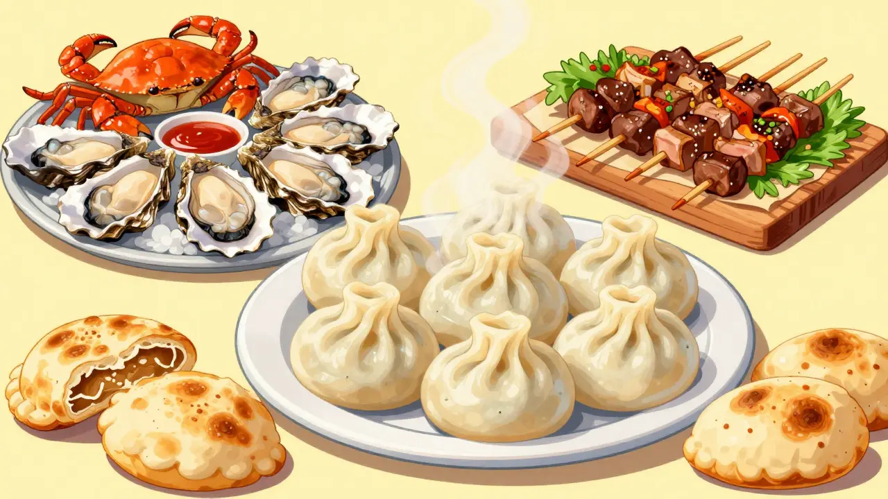 Разнообразие традиционных блюд России: буузы, калитки, морепродукты и шашлыки