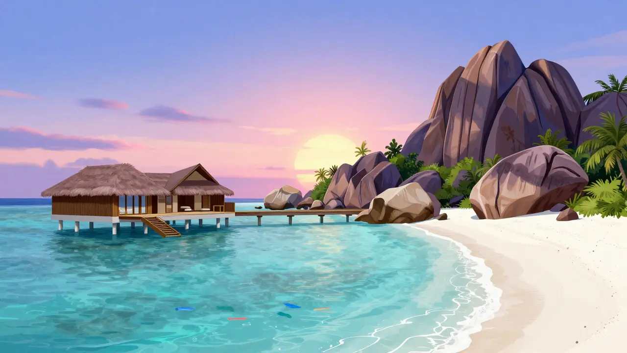 Роскошные виллы на Мальдивах и гранитные скалы Сейшельских островов