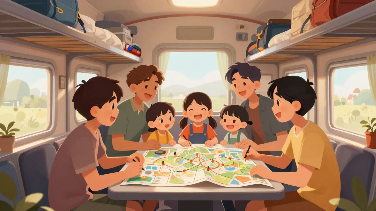 Счастливая семья и друзья общаются в общем купе ночного поезда.