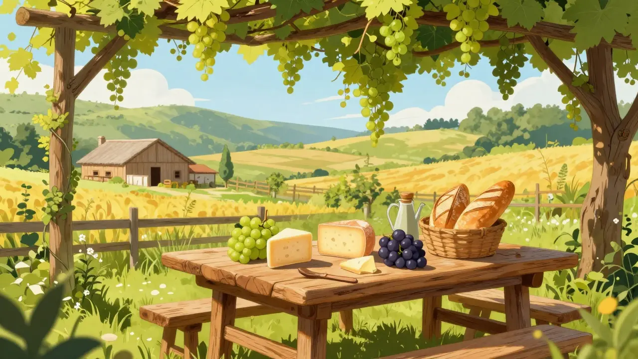 Сельский стол с локальными сырами и виноградом на фоне фермы