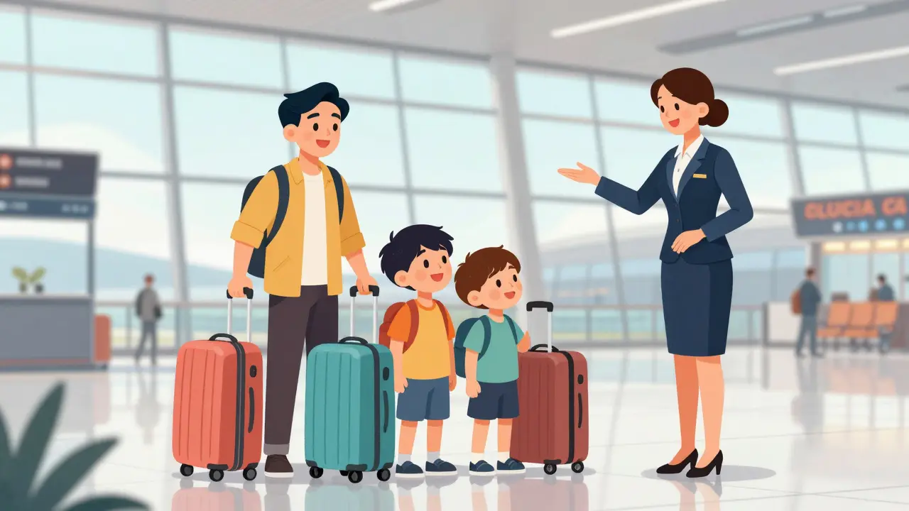 Семья в аэропорту объединяет общий вес своих чемоданов при регистрации