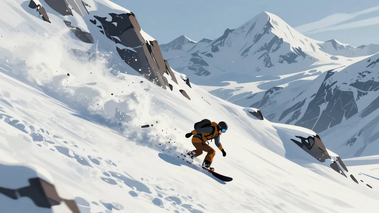 Сноубордист на крутом заснеженном склоне горы Чегет