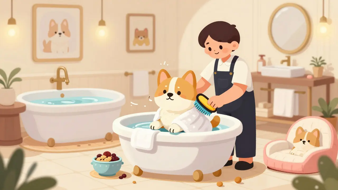 Собака на процедурах в роскошном собачьем спа-салоне при отеле