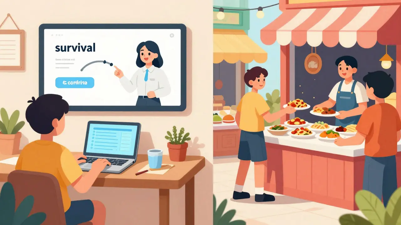 Сравнение онлайн-обучения языку и реального общения на рынке в другой стране