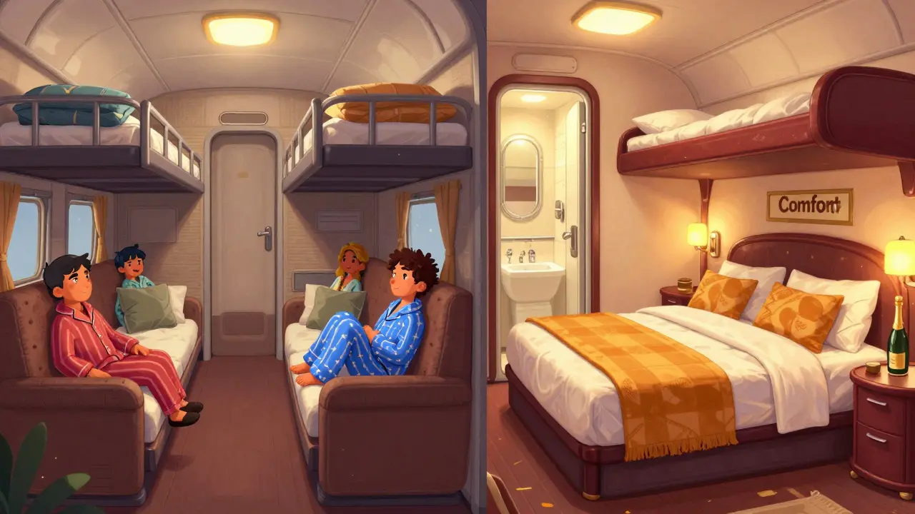 Сравнение уютной кушетки и роскошного спального купе в поезде.