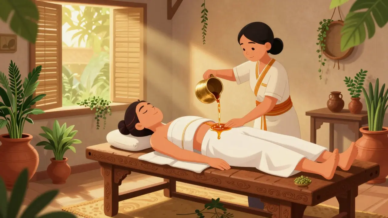 Традиционная аюрведическая процедура с маслом на деревянном столе в Керале
