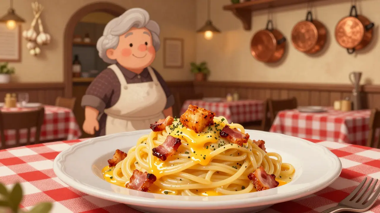 Традиционная паста карбонара в уютной семейной римской траттории