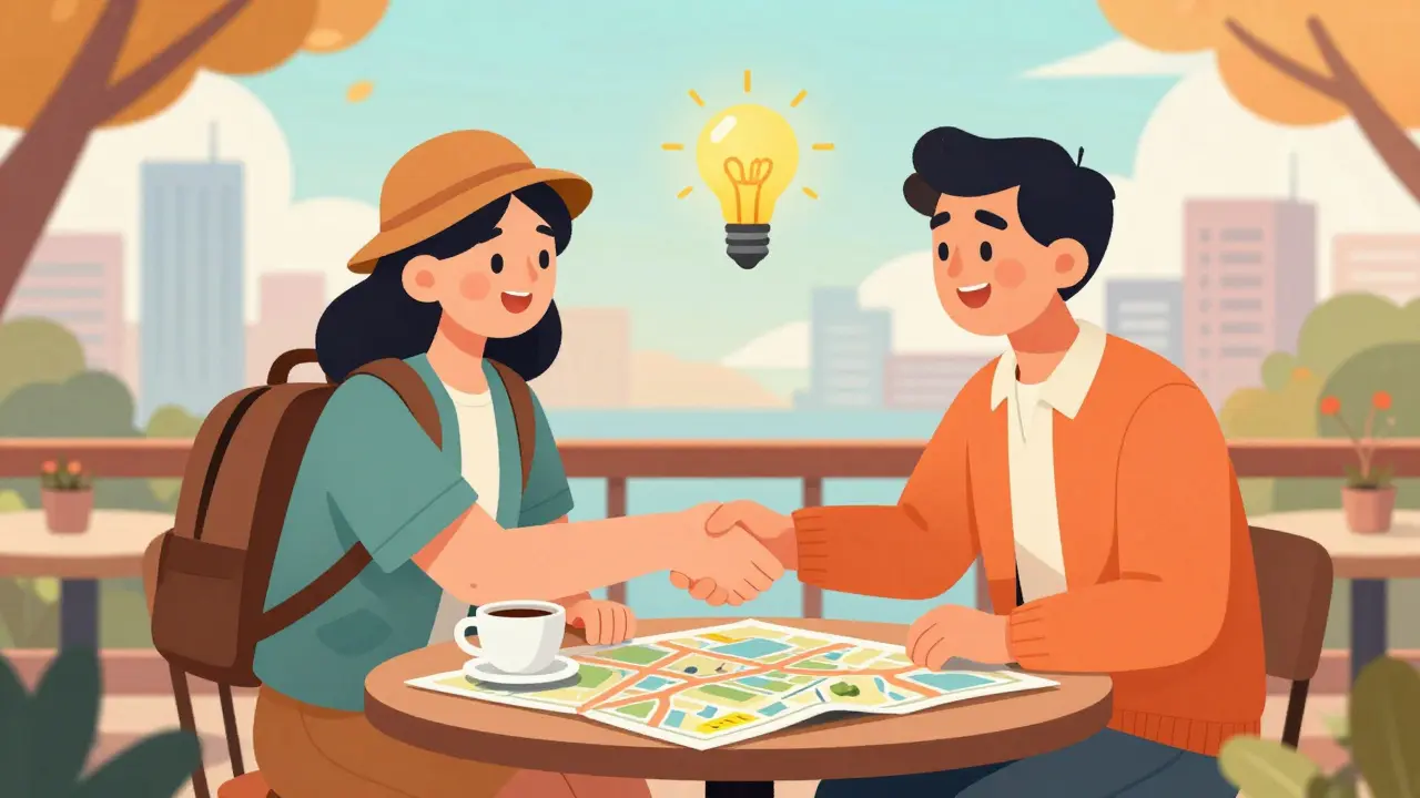 Турист и гид договариваются о цене за столиком в уютном кафе