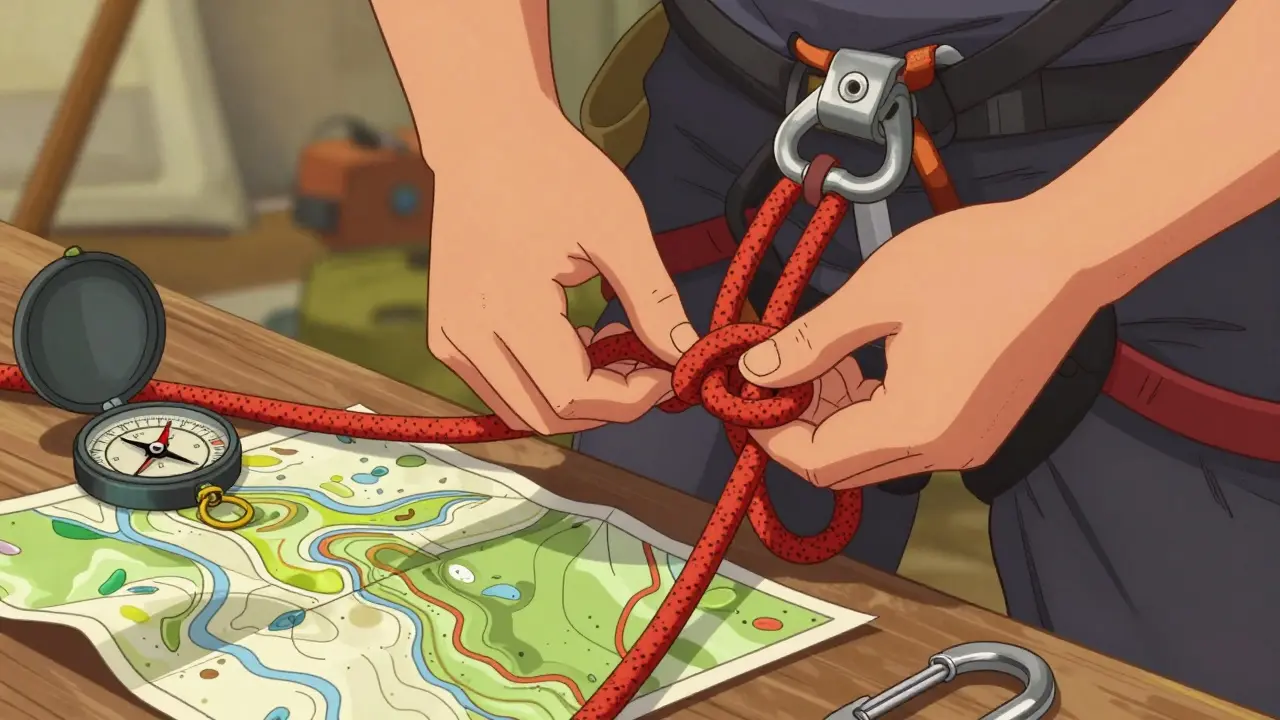 Туристические навыки: вязание узлов, компас и карта на столе