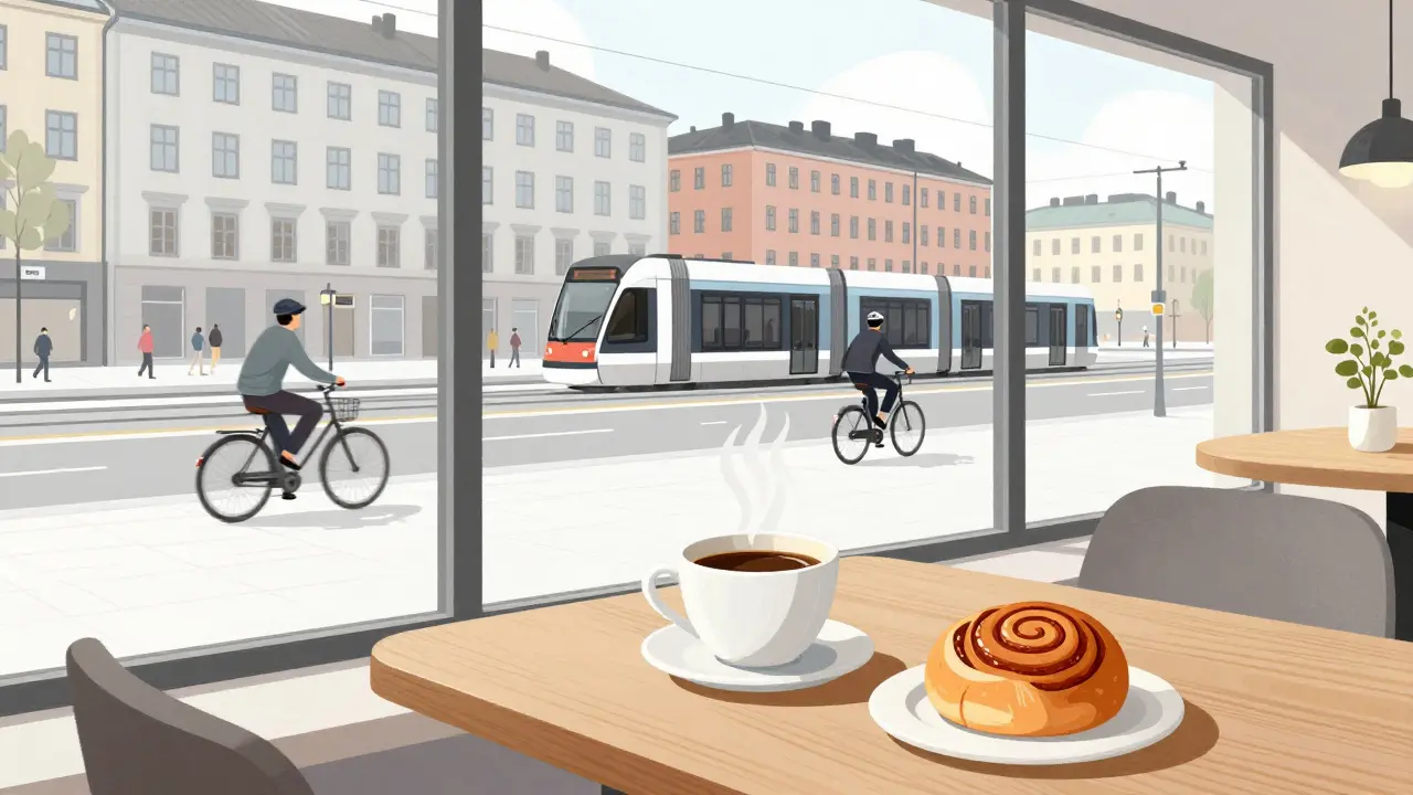 Уютное кафе в Стокгольме с кофе и булочкой с корицей на фоне города