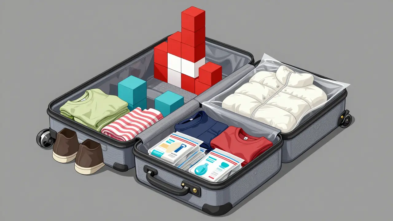 Вид сверху на правильно упакованный чемодан с компрессионными кубиками и обувью