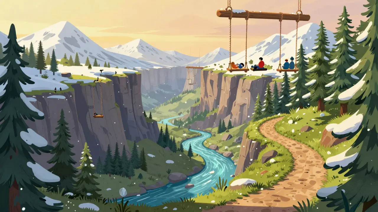 Высокогорные качели и живописная долина реки Большой Зеленчук