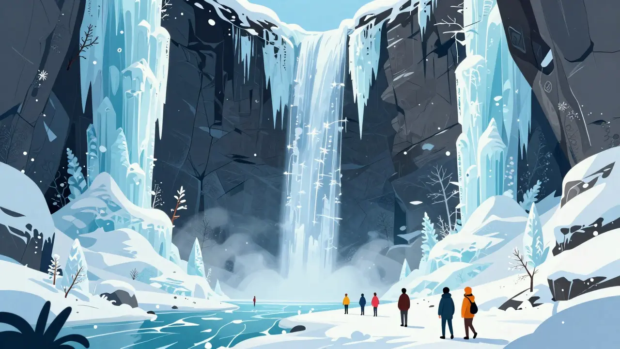 Замерзшие Чегемские водопады, превратившиеся в ледяные скульптуры