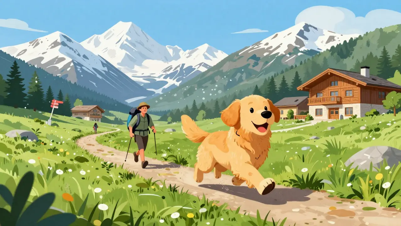 Золотистый ретривер на прогулке в горах Красной Поляны