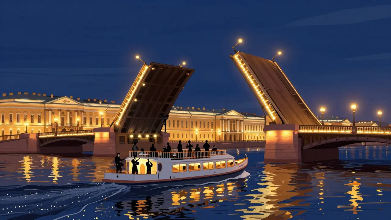 Ночной круиз по Неве под поднятыми разводными мостами с джазовой музыкой