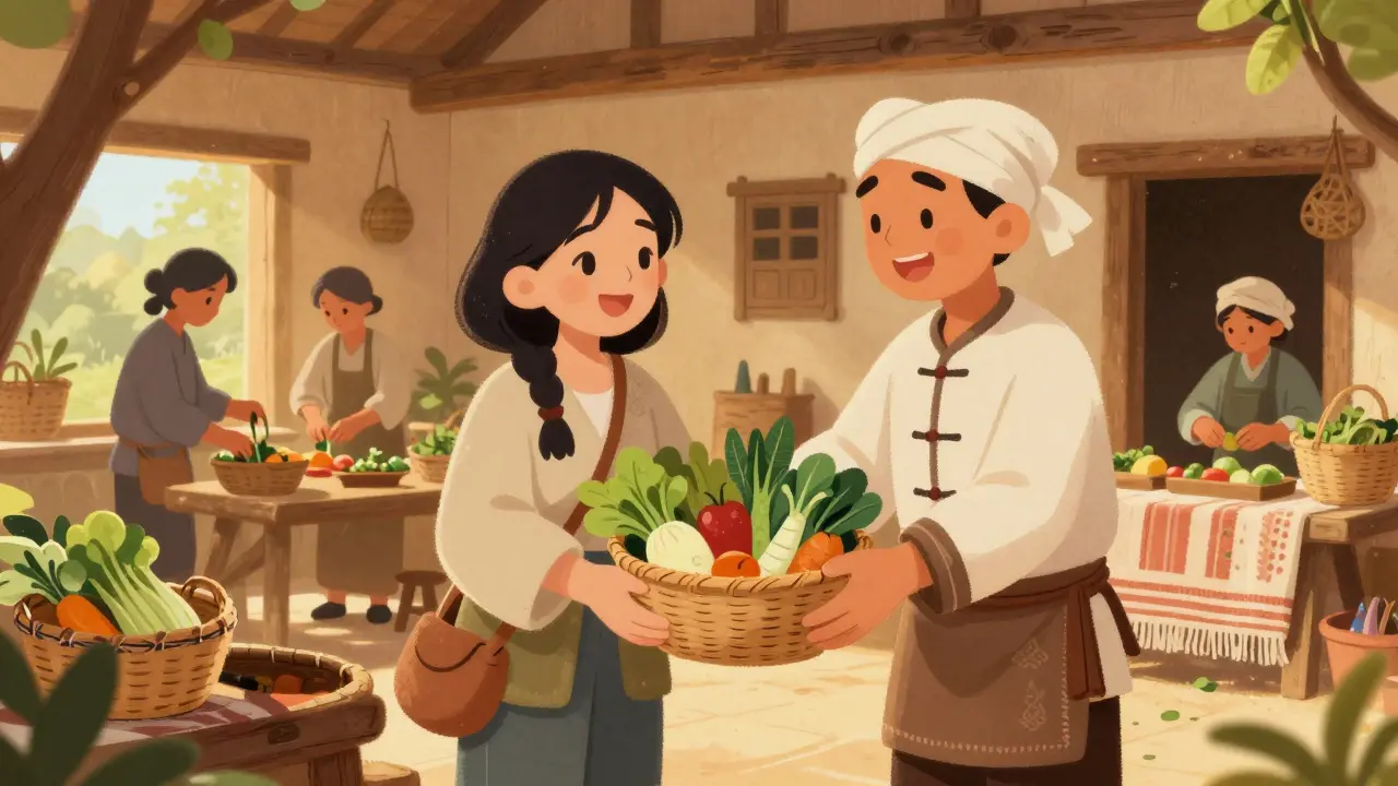 Местный гид передает продукты туристу, поддерживая местную экономику