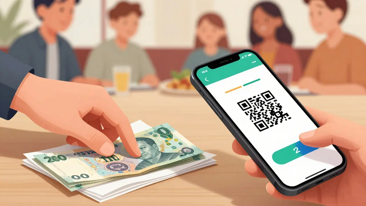 Руки оставляют наличные чаевые и платят через QR-код