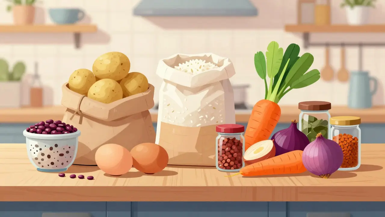 Свежие бюджетные продукты: картофель, яйца, крупы и специи на столе