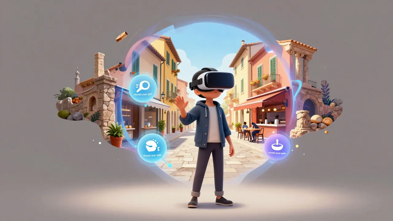 Человек в VR-очках видит виртуальное путешествие по Италии