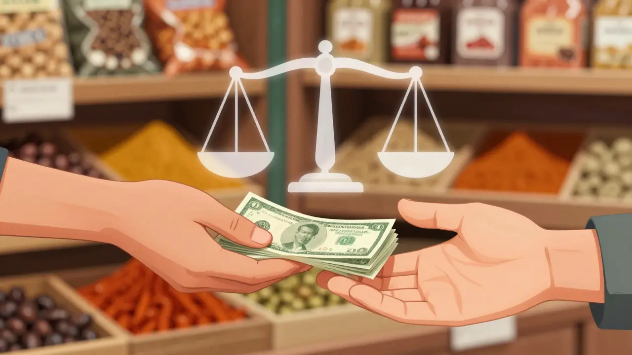 Обмен наличными между покупателем и продавцом на рынке