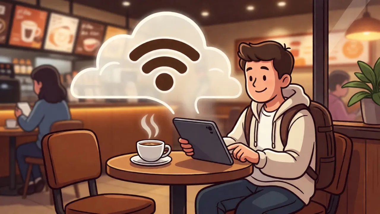 Турист с кофе и планшетом в кафе под защитой Wi-Fi
