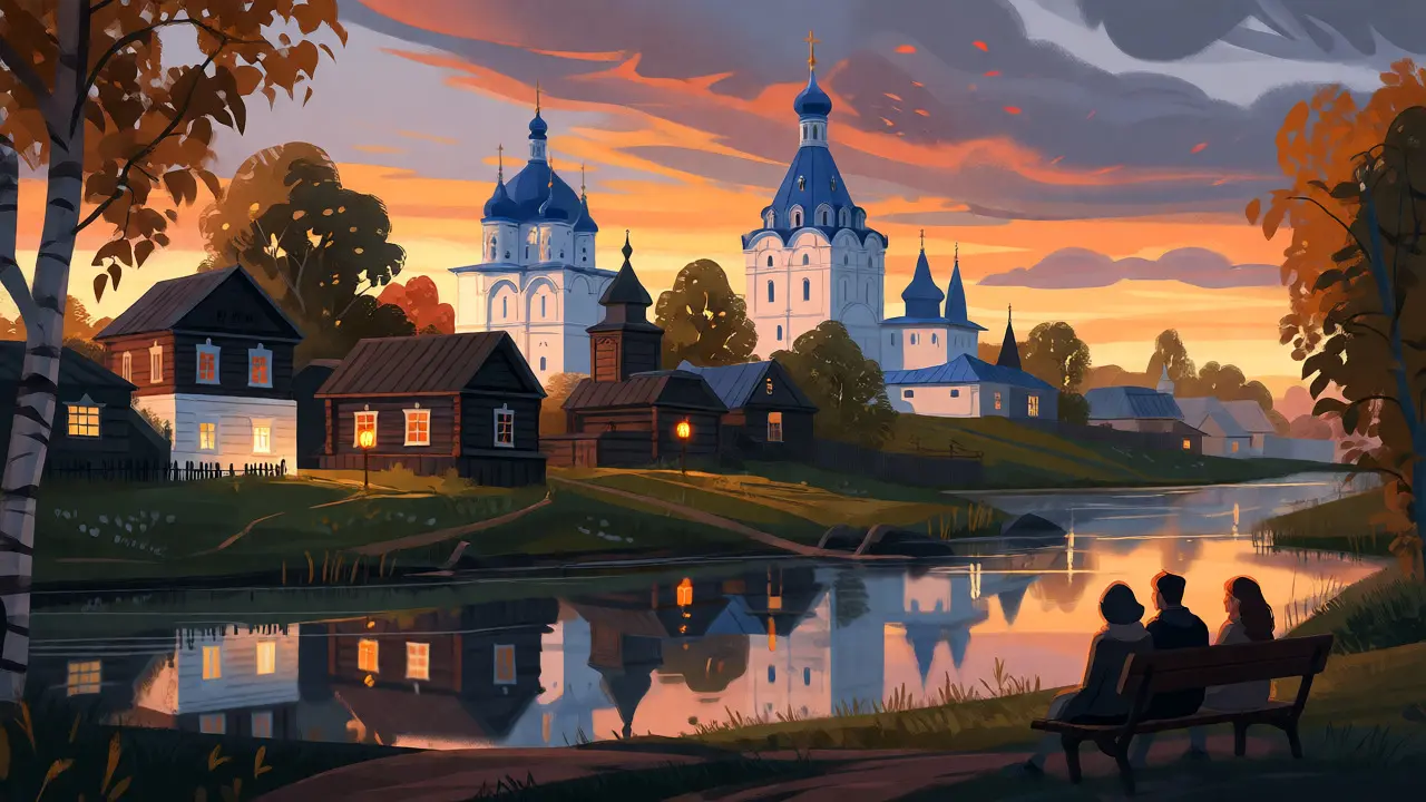 Романтический вечер у реки в историческом городе с церквями и гостевыми домами